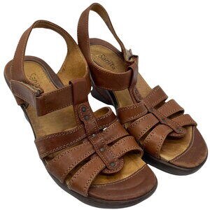Sanita Strappy Brown Leather Heeled Wedge Sandal Size 39 EUC Ankle Strap